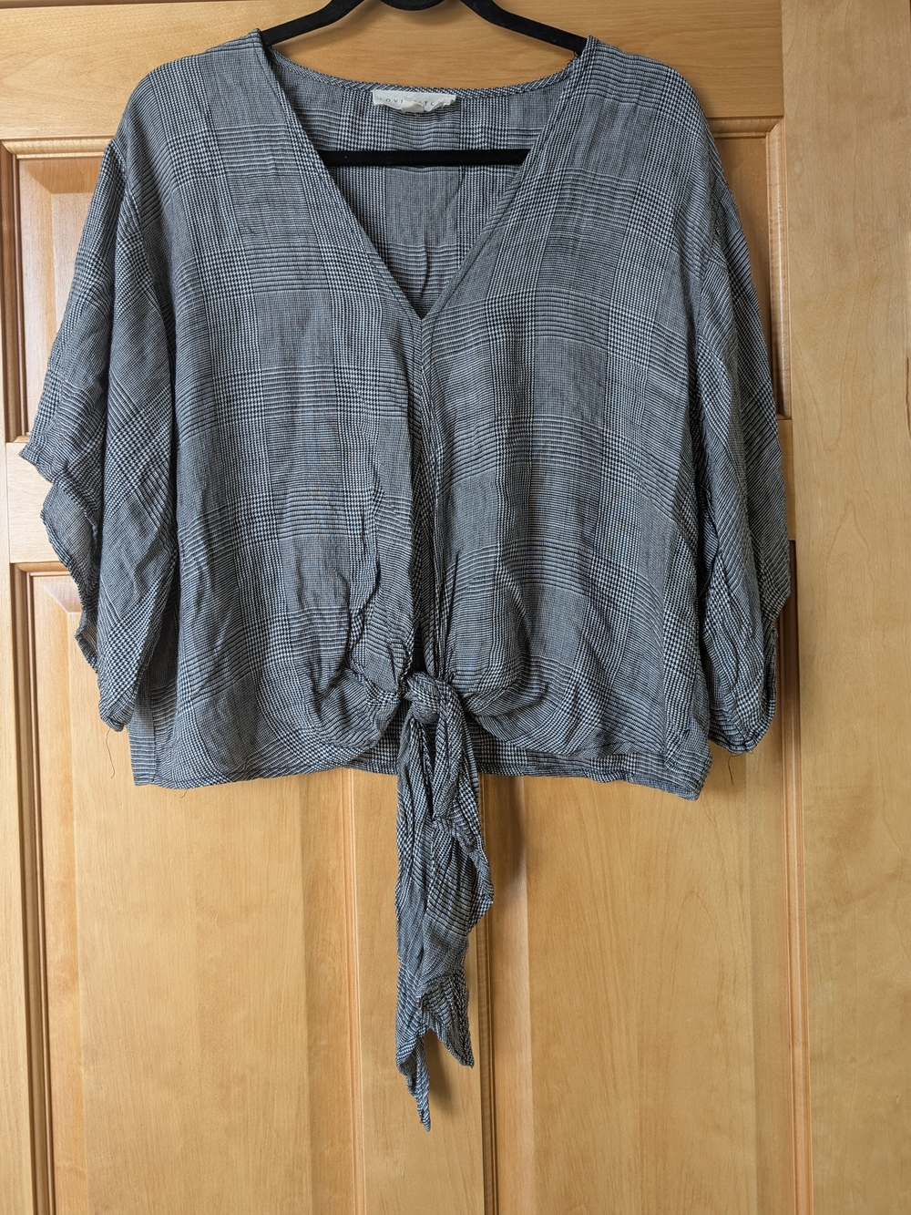 lovestitch Gray Plaid Tie-Front V-Neck Blouse